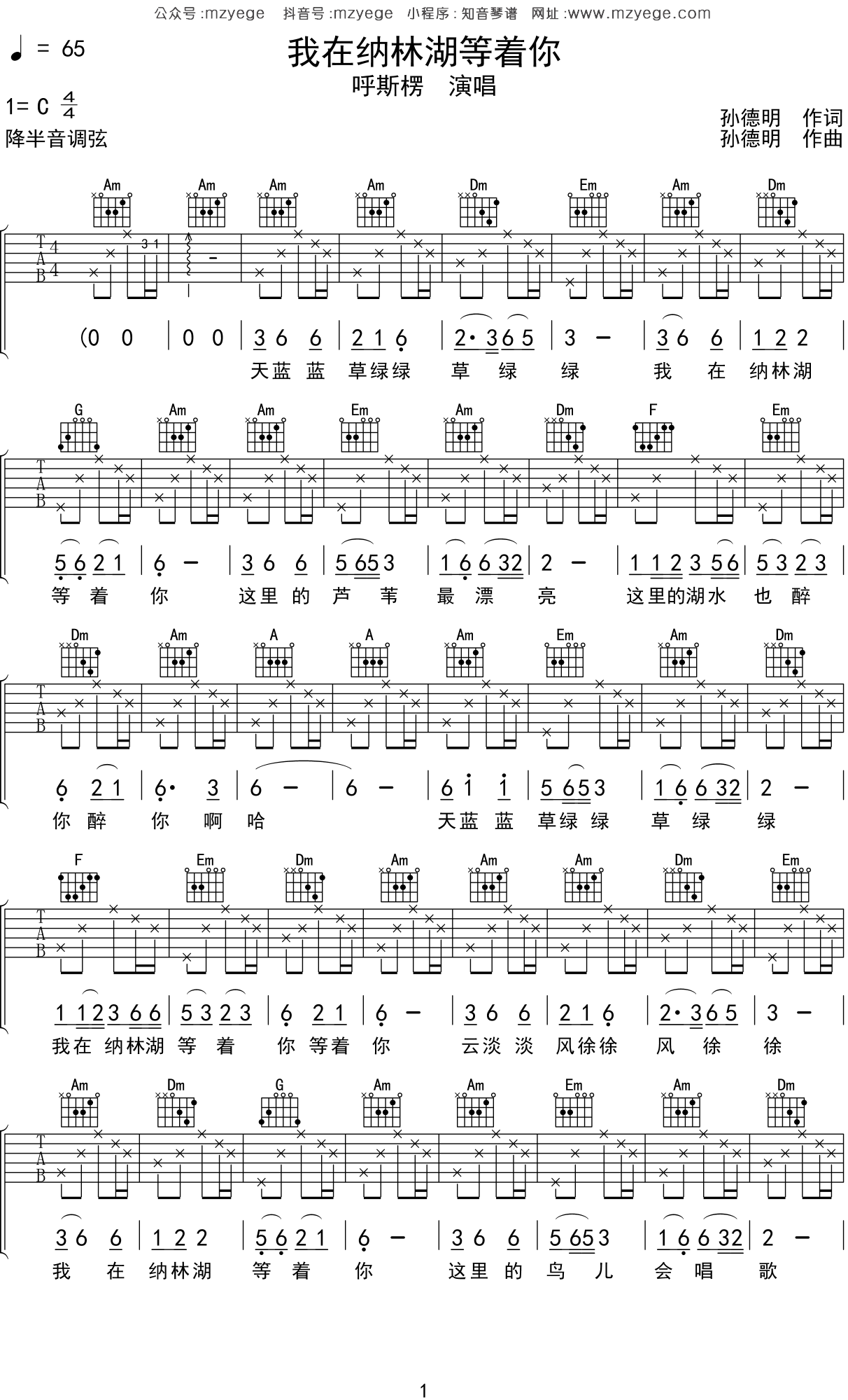 呼斯楞《我在纳林湖等着你》吉他谱C调吉他弹唱谱