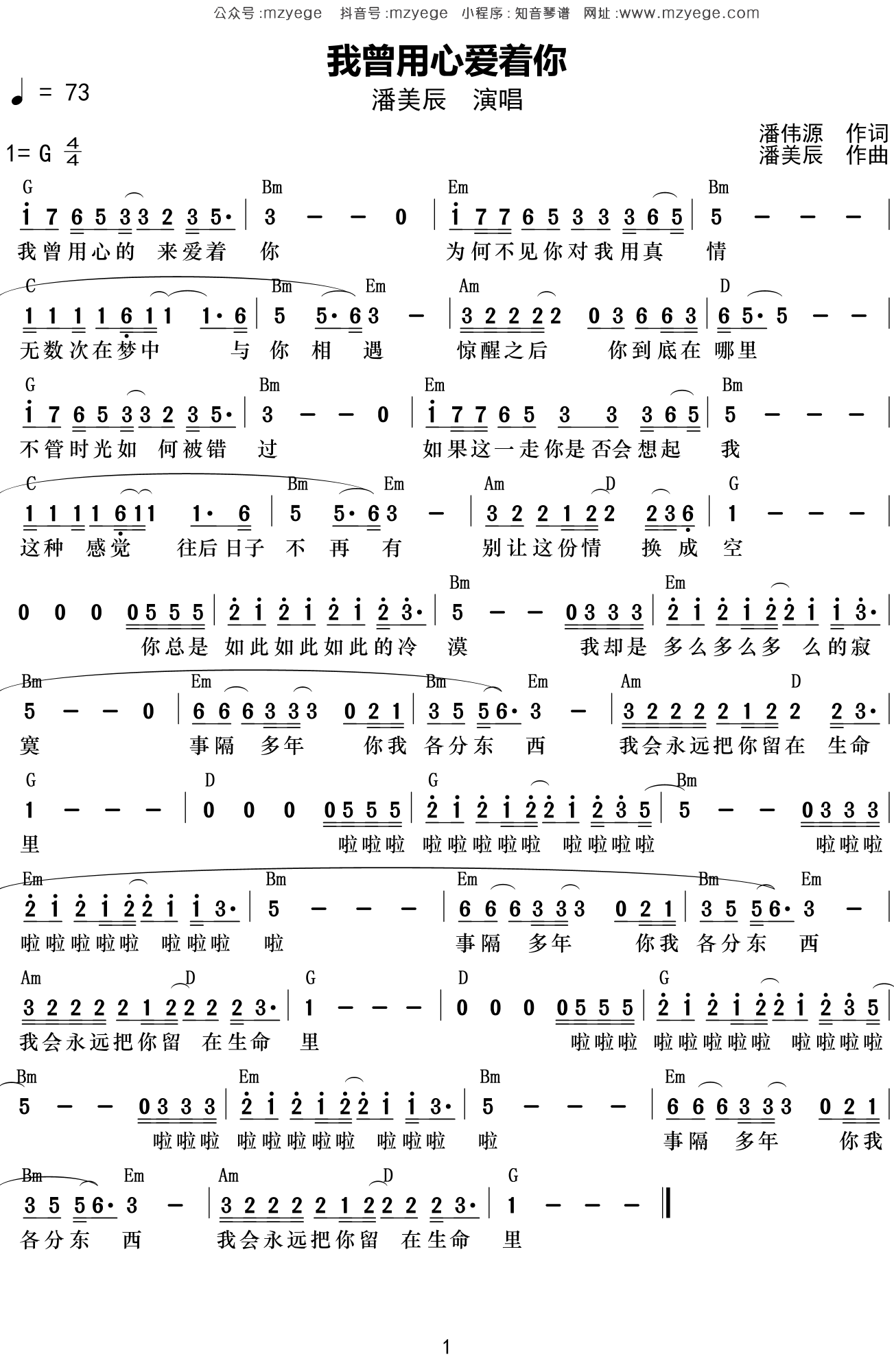 潘美辰《我曾用心爱着你》简谱G调钢琴弹唱谱