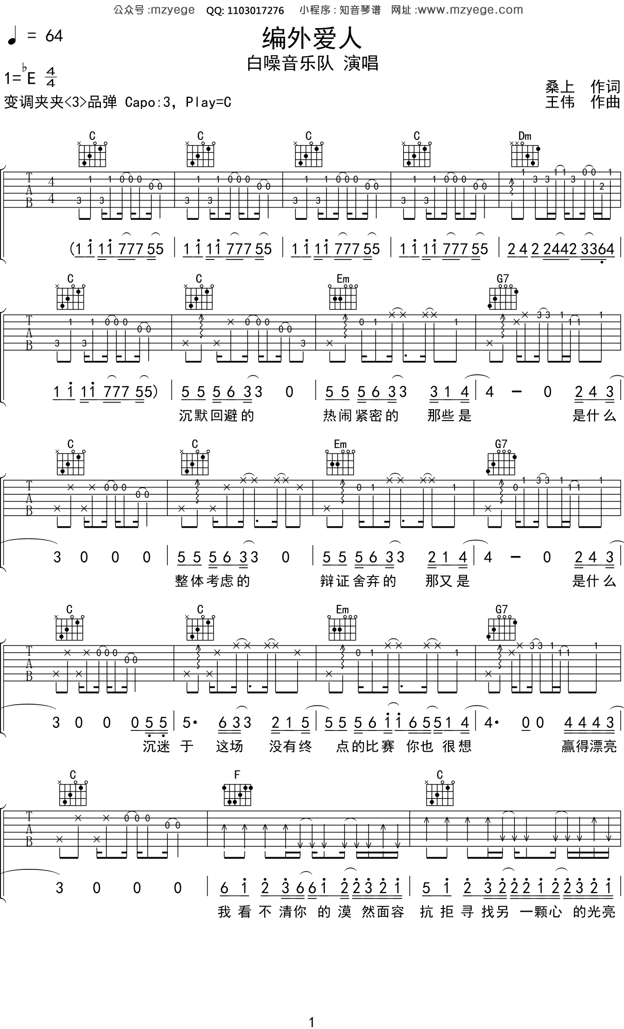 白噪音乐队《编外爱人》吉他谱C调吉他弹唱谱