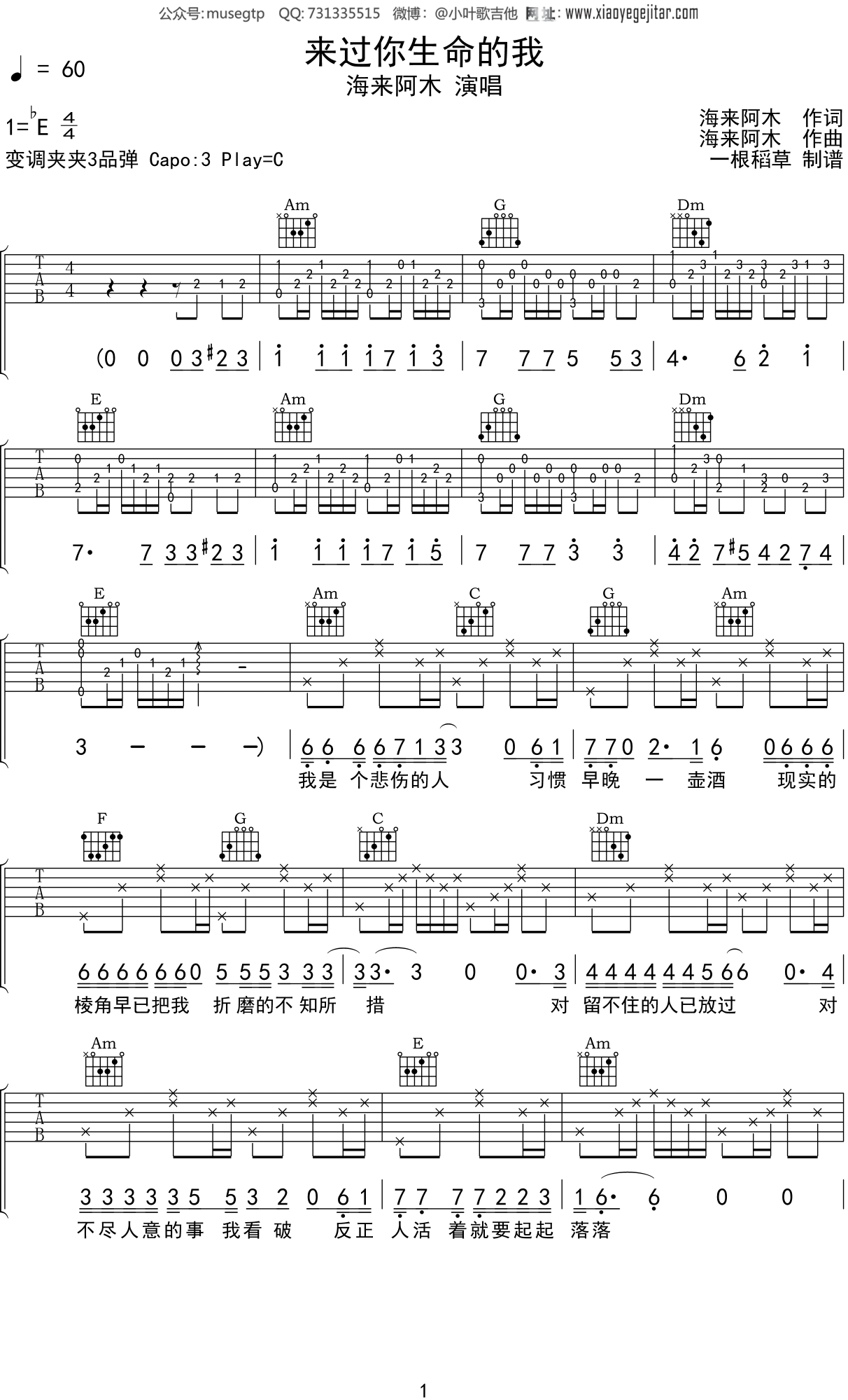 海来阿木 《来过你生命的我》吉他谱C调吉他弹唱谱