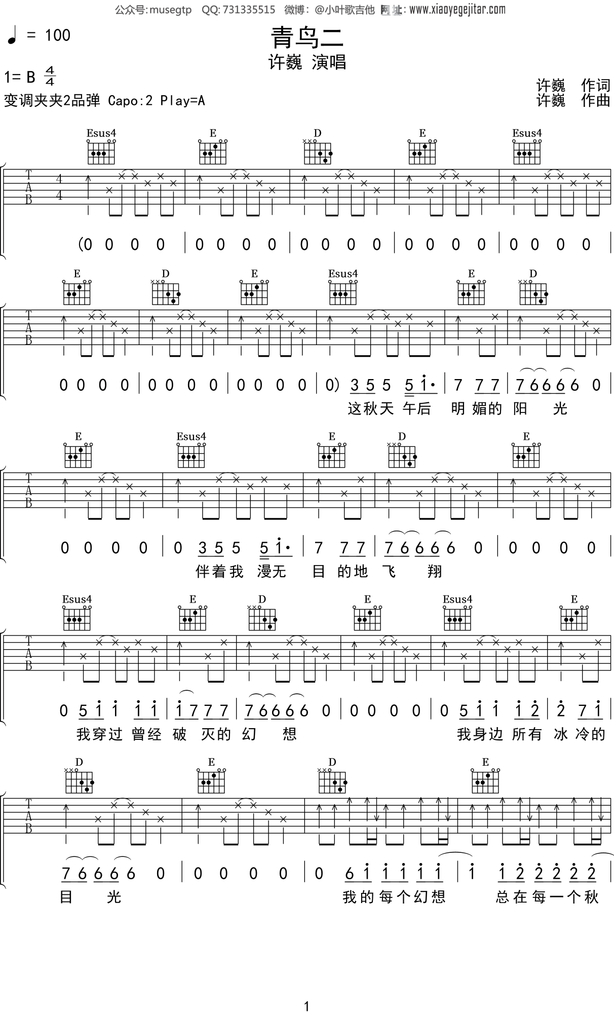 许巍《青鸟二》吉他谱G调吉他弹唱谱