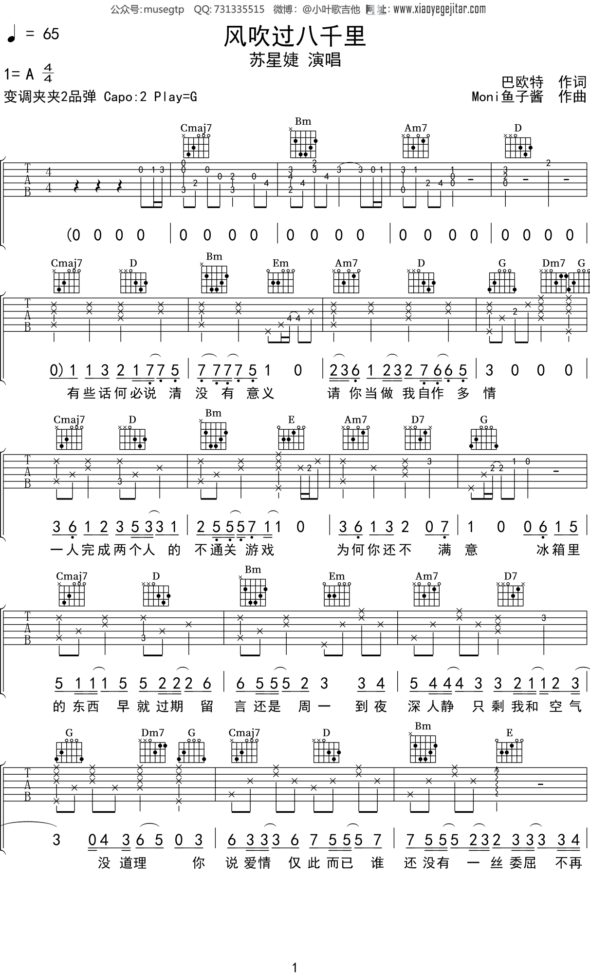 苏星婕《风吹过八千里》吉他谱G调吉他弹唱谱