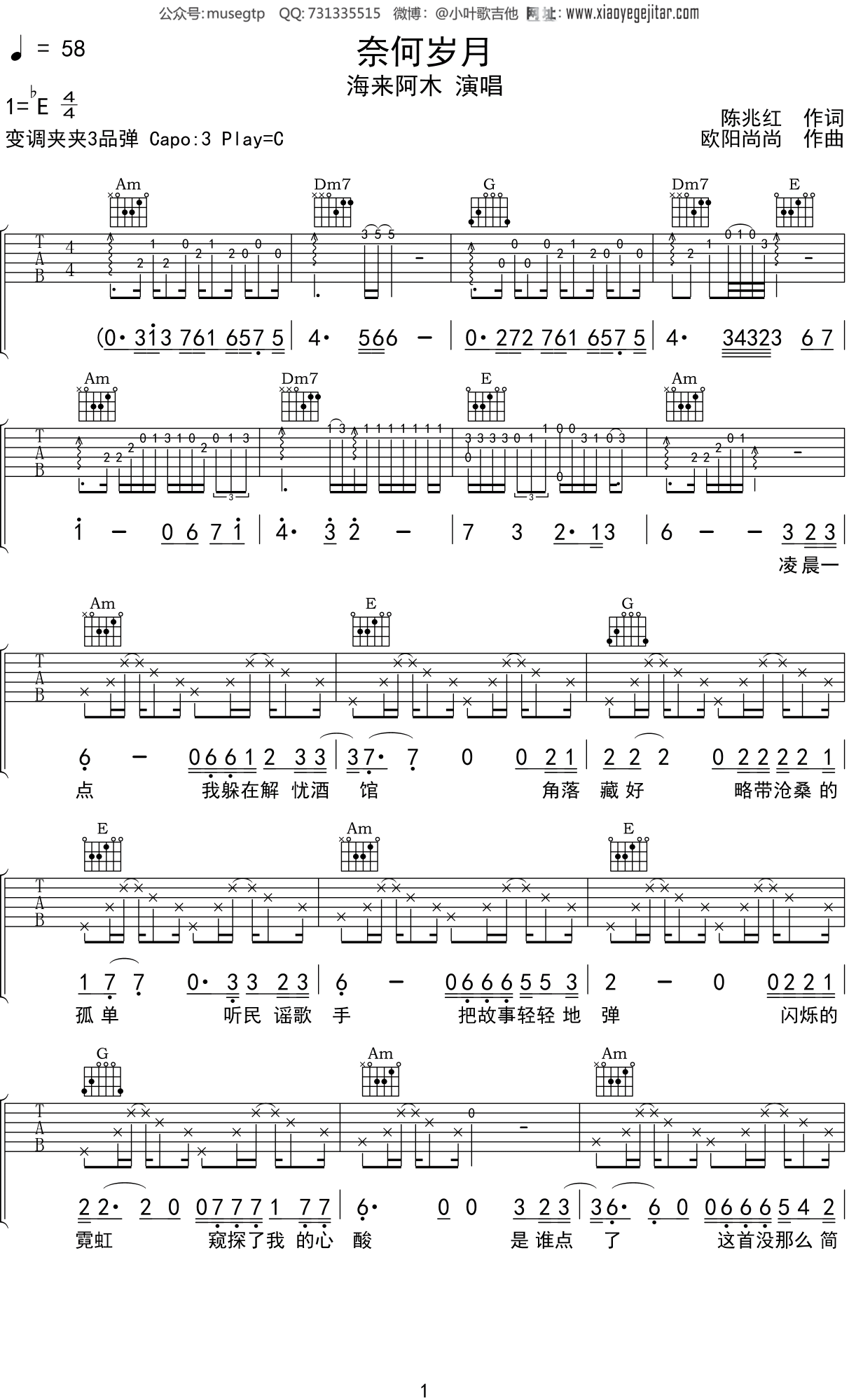 海来阿木 《奈何岁月》吉他谱C调吉他弹唱谱