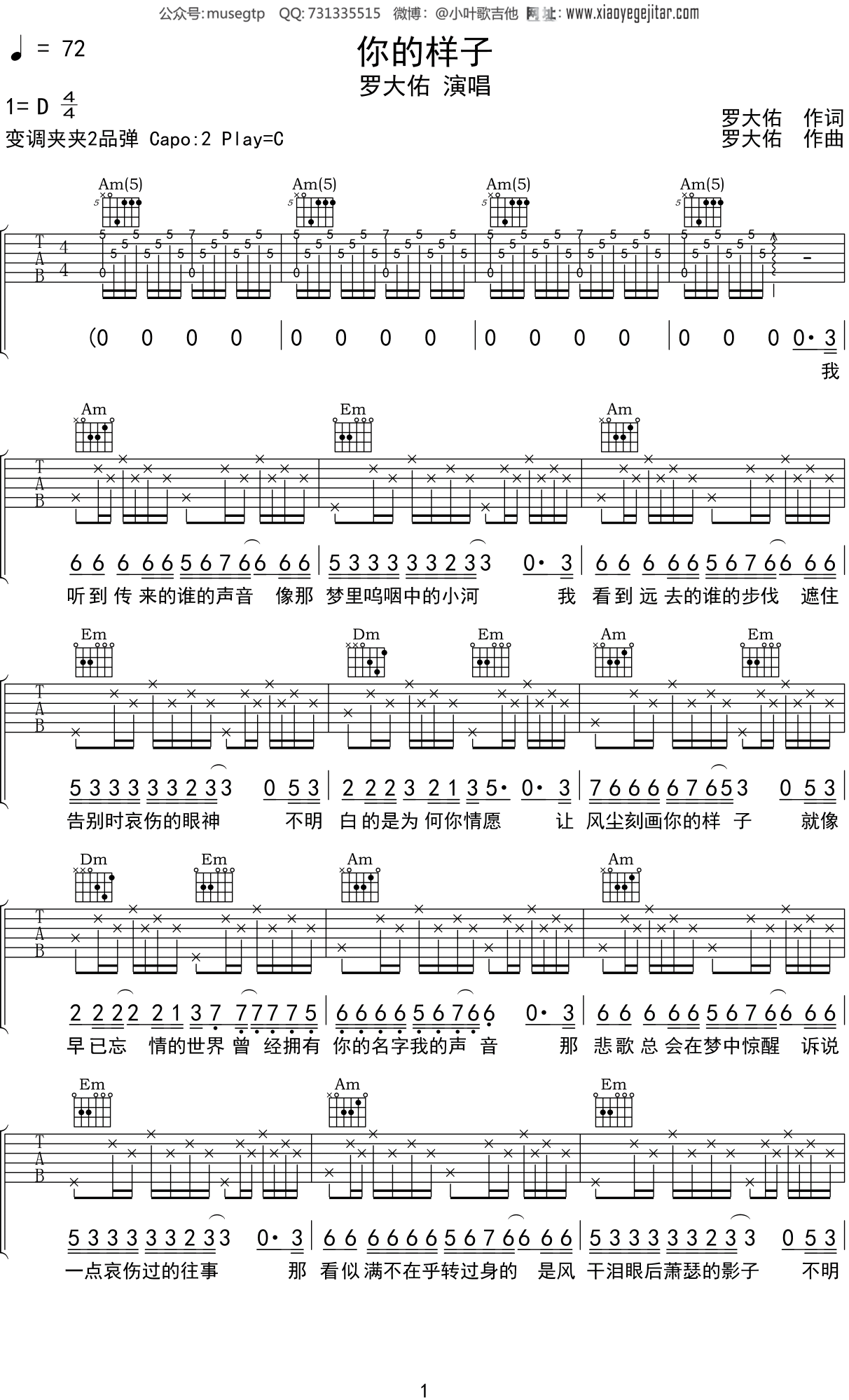 罗大佑 《你的样子》吉他谱C调吉他弹唱谱