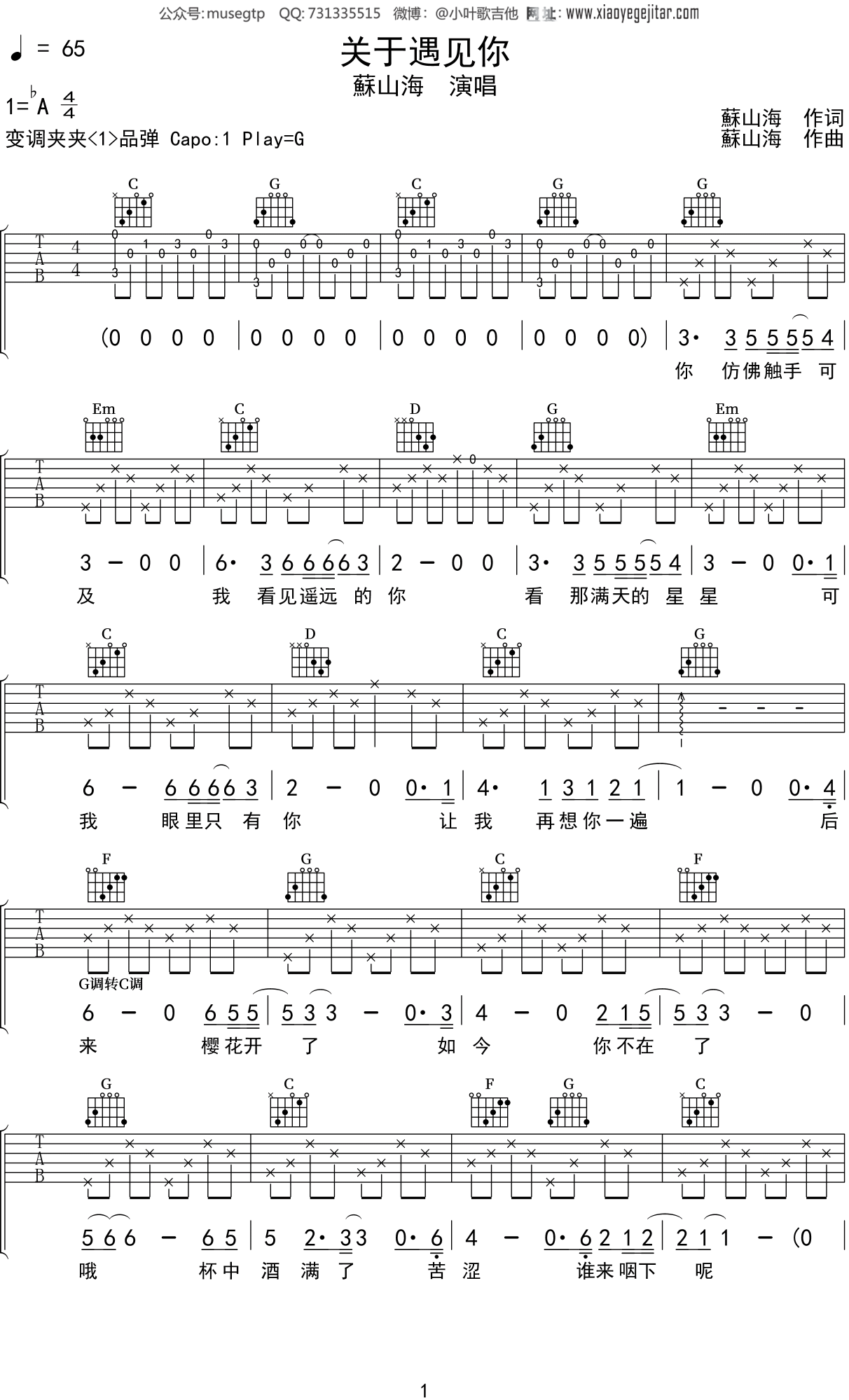 蘇山海《关于遇见你》吉他谱G调吉他弹唱谱