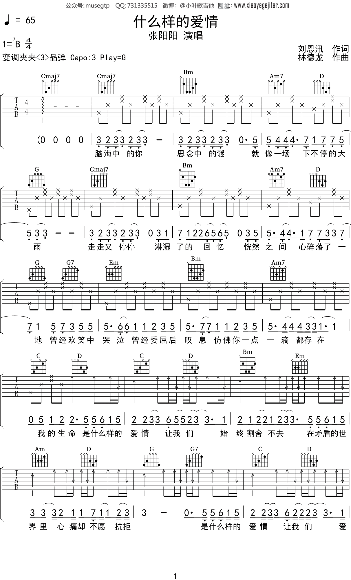 张阳阳《什么样的爱情》吉他谱G调吉他弹唱谱