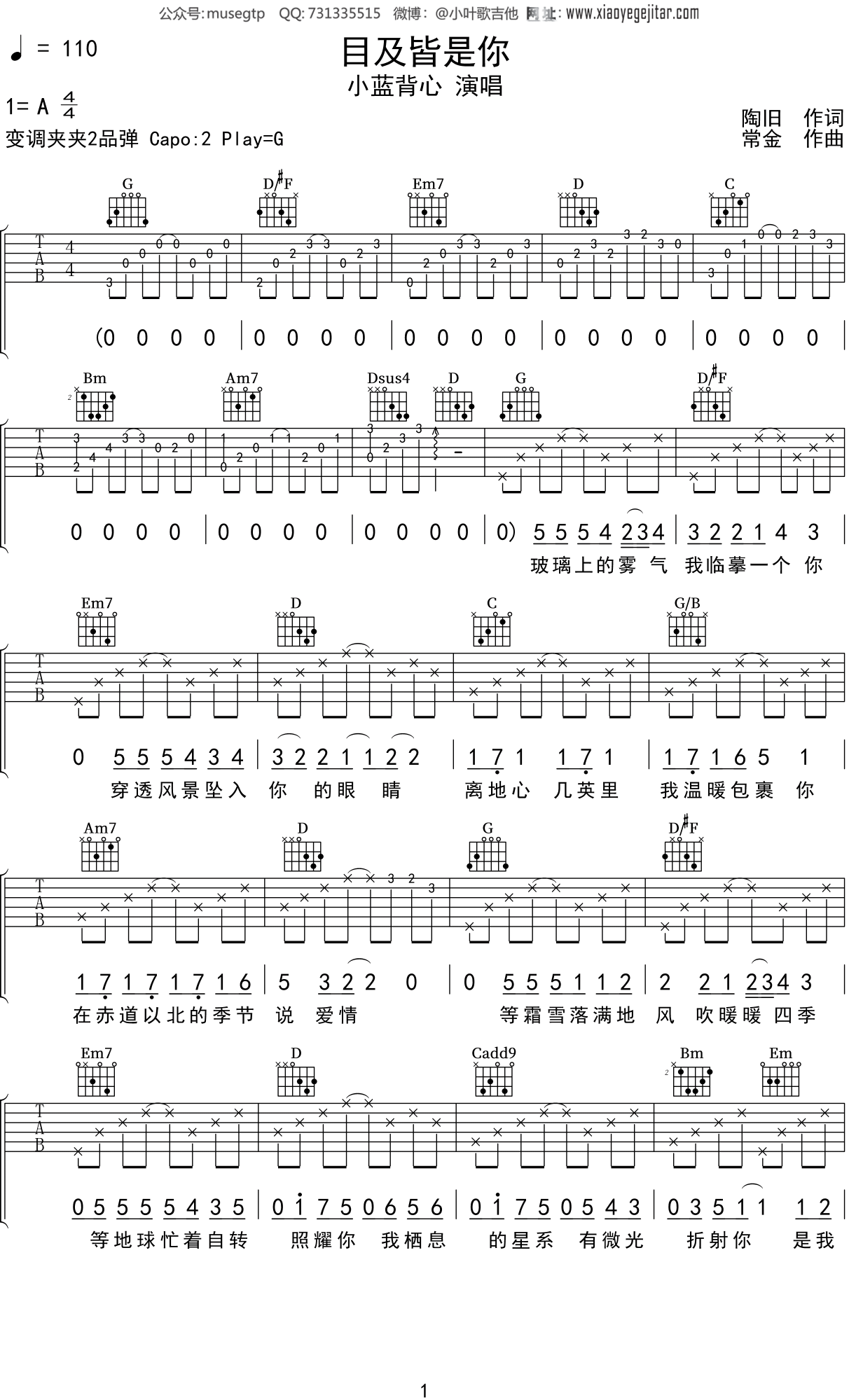 小蓝背心《目及皆是你》吉他谱G调吉他弹唱谱