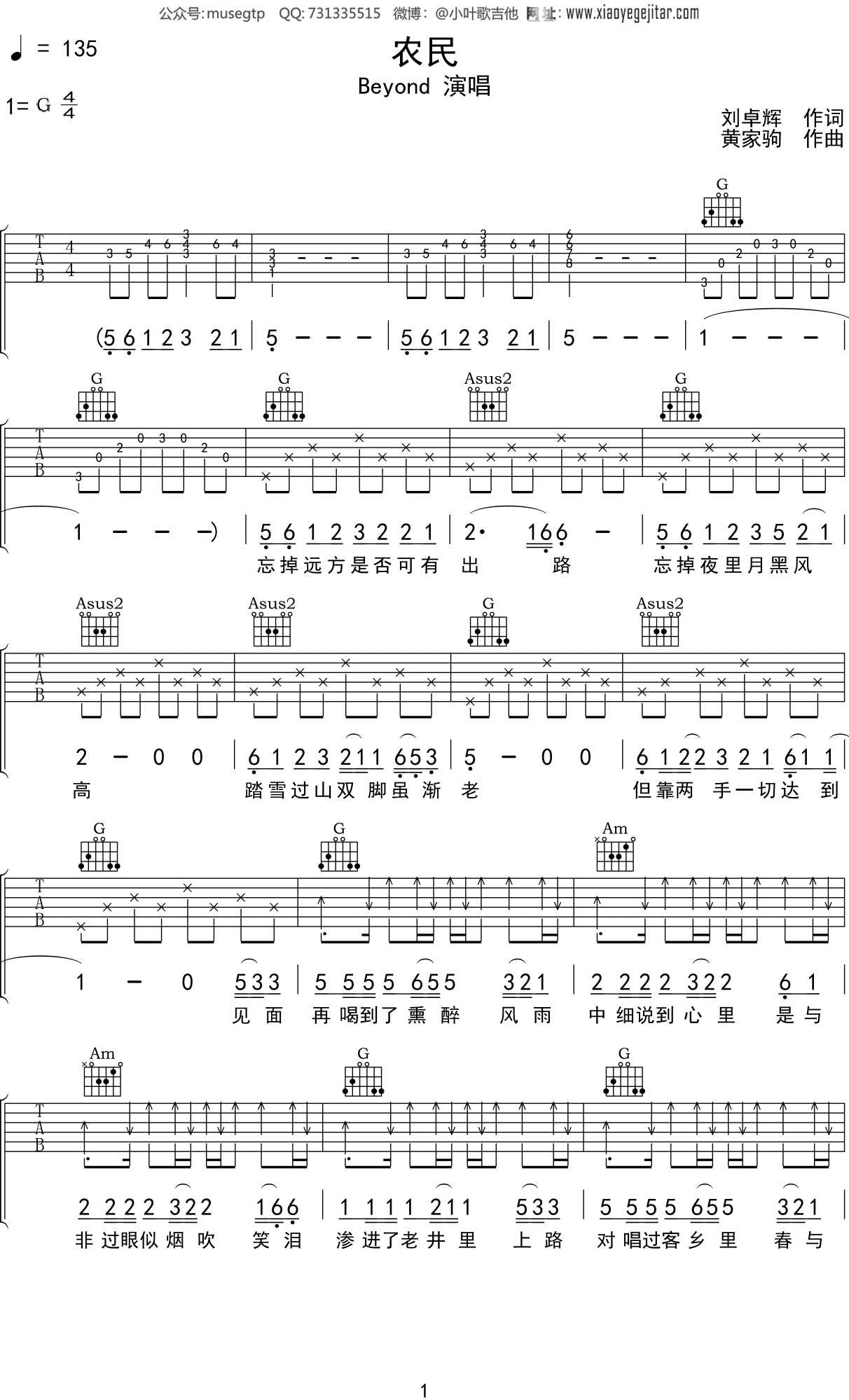 Beyond 《农民》吉他谱C调吉他弹唱谱