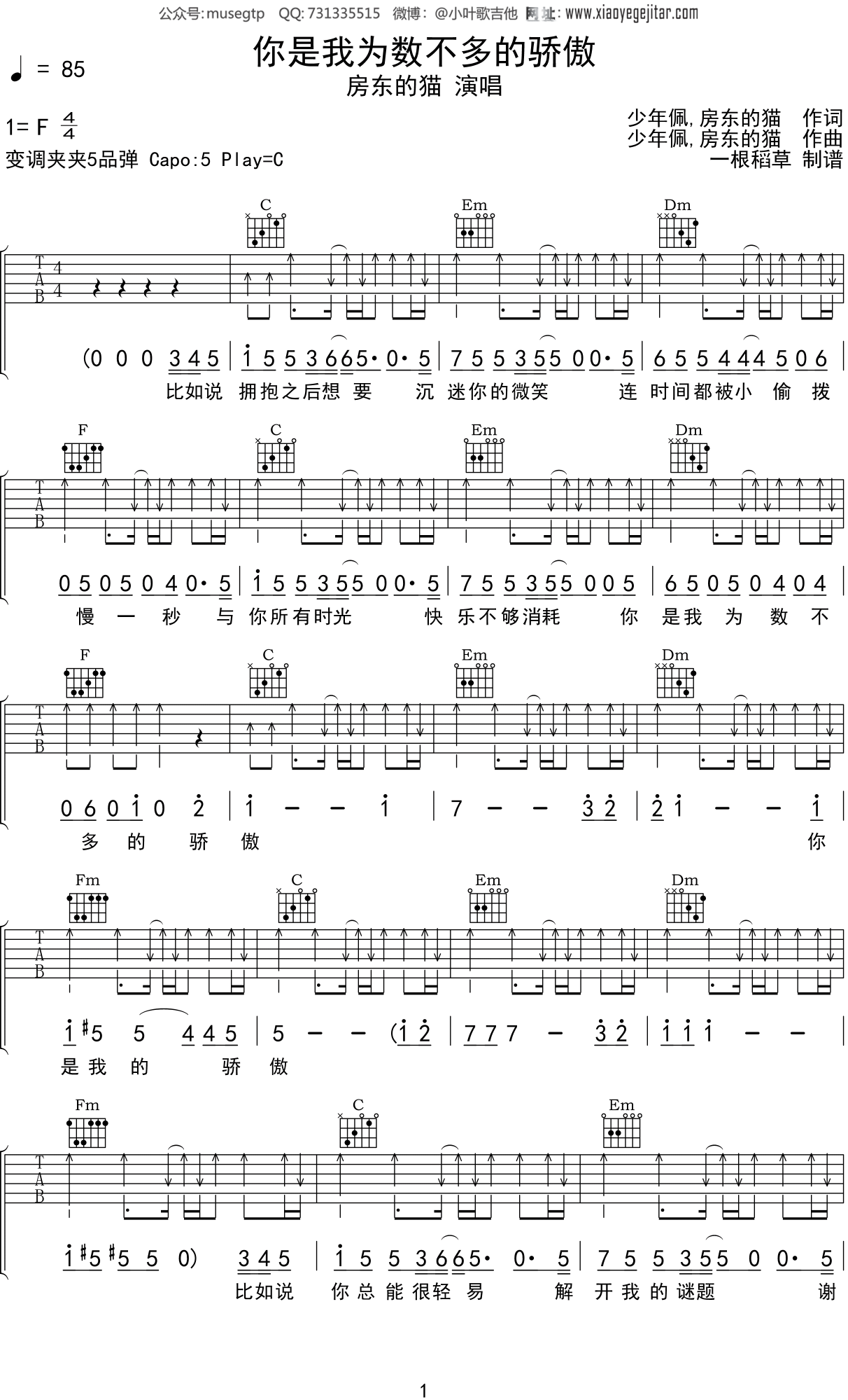 房东的猫《你是我为数不多的骄傲》吉他谱C调吉他弹唱谱