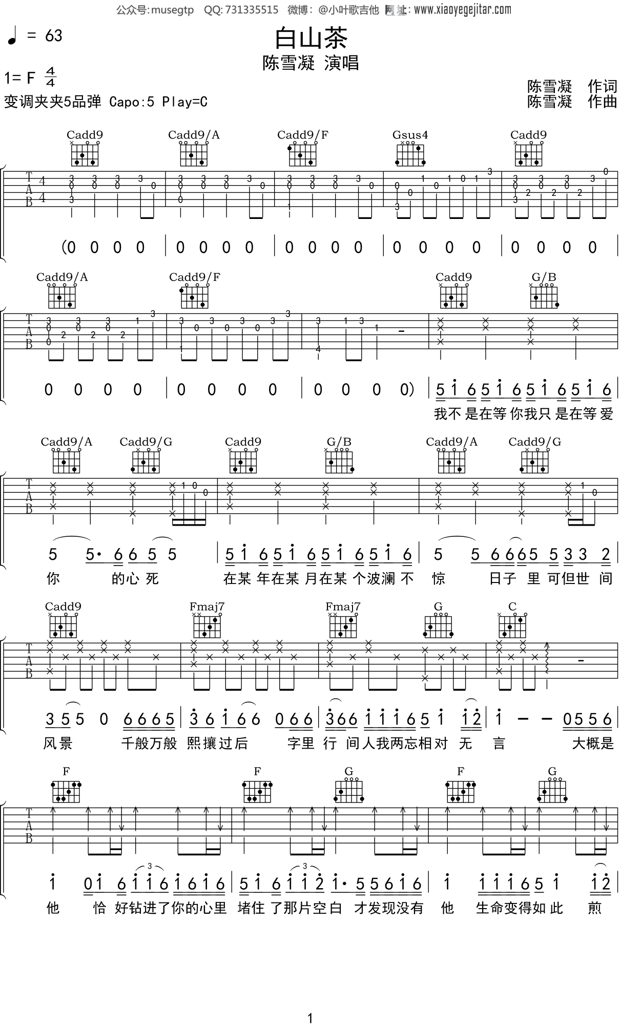 陈雪凝《白山茶》吉他谱C调吉他弹唱谱